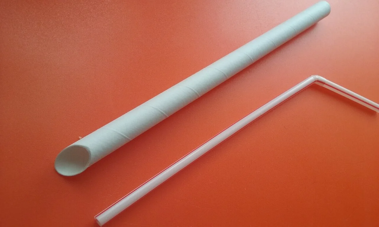 A thick paper straw and a thin plastic straw on an orange background