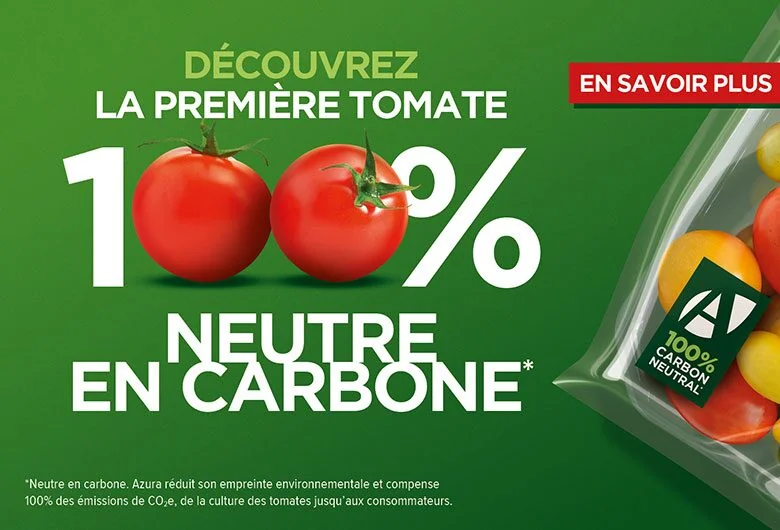 Azura 2021 campaign: "Discover the first 100% carbon-neutral tomato", with a "Carbon Neutral" logo on the bag
