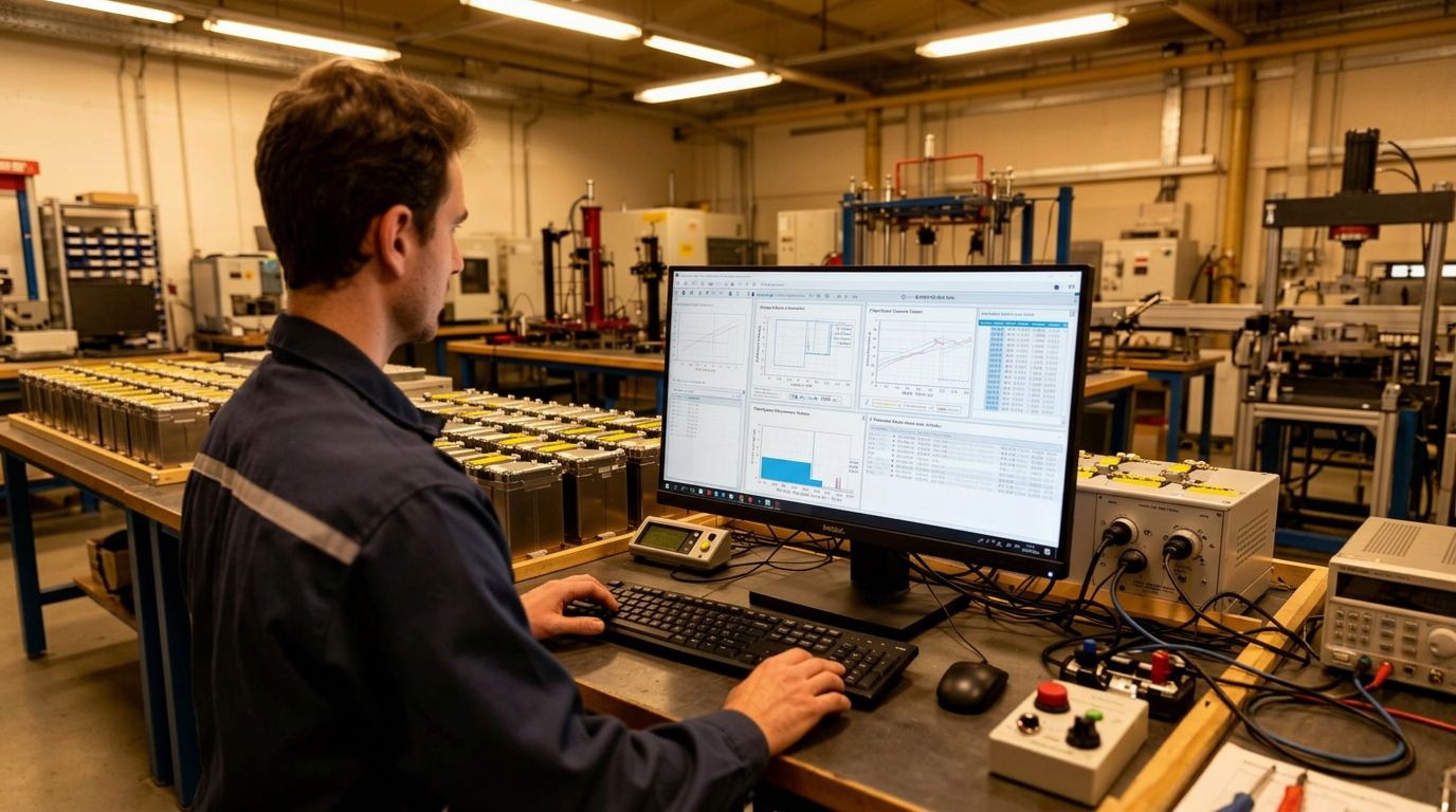 Engineer analysing battery cell test data in an industrial laboratory