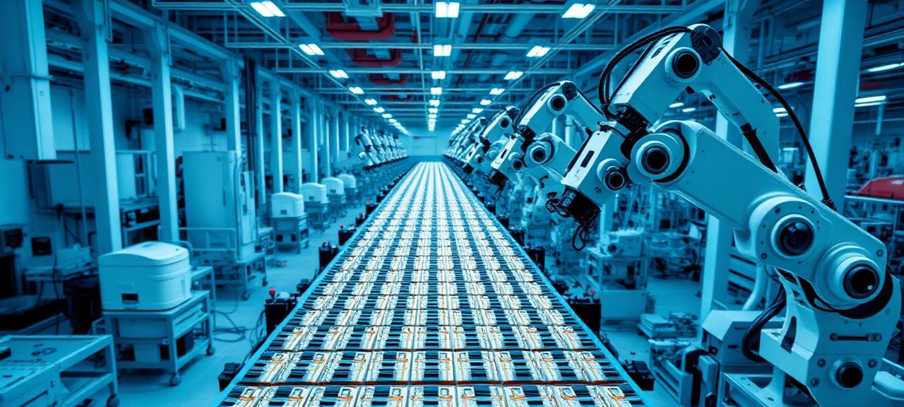 Close-up of a lithium-ion cell manufacturing line in a controlled industrial environment