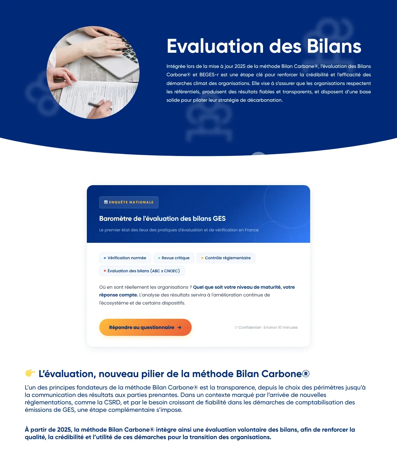 Screenshot of the "Évaluation des Bilans" page on the website of the Association pour la transition Bas Carbone, with the box on the barometer of GHG assessment evaluations
