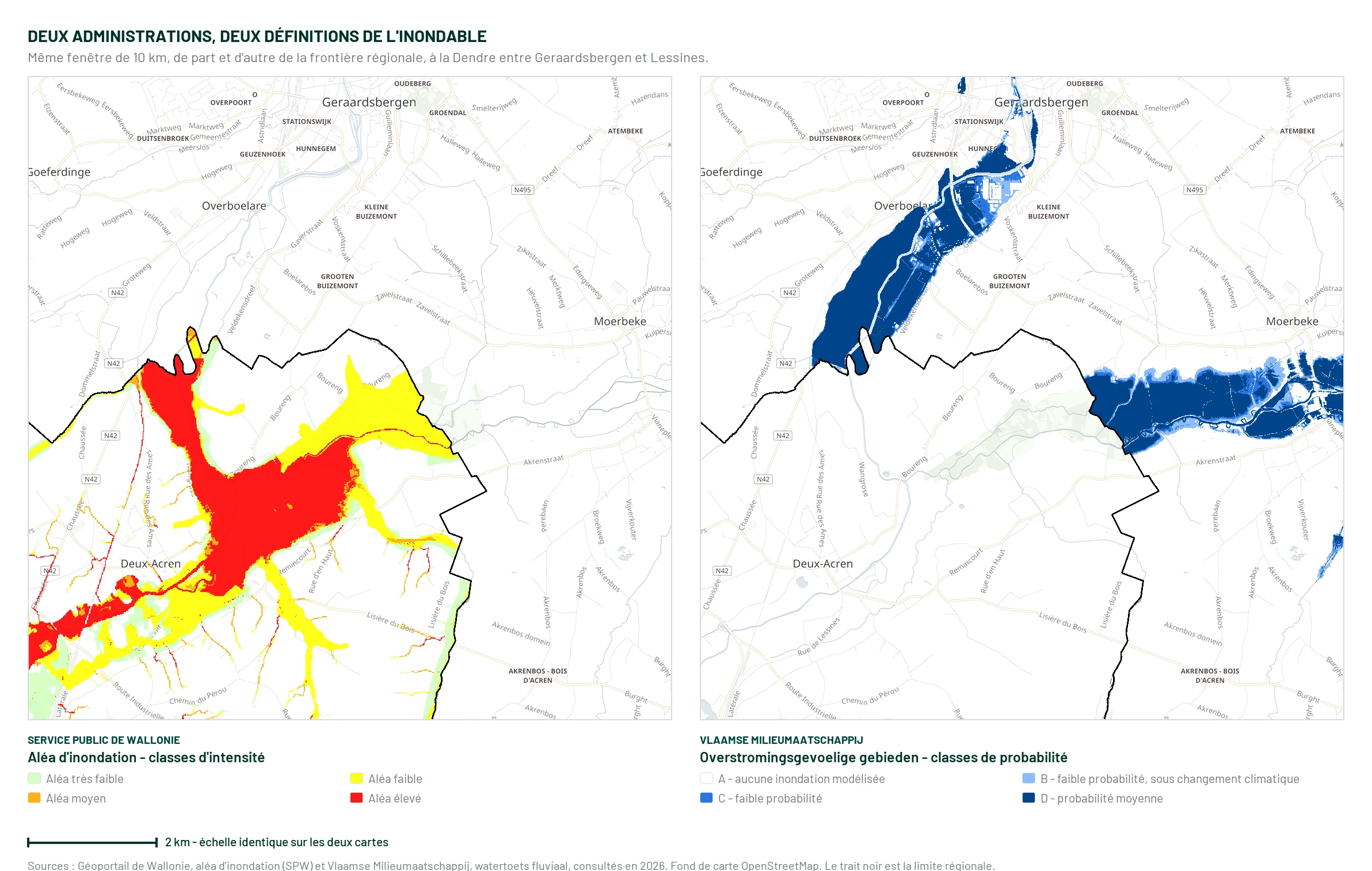 Walloon and Flemish flood hazard maps side by side across the regional boundary, on the Dender between Geraardsbergen and Lessines