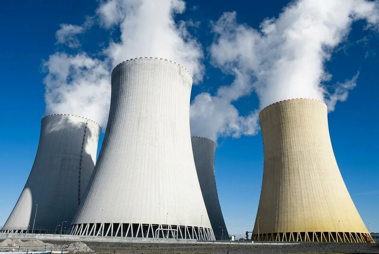 Cooling towers of a nuclear power station releasing plumes of water vapour into the sky