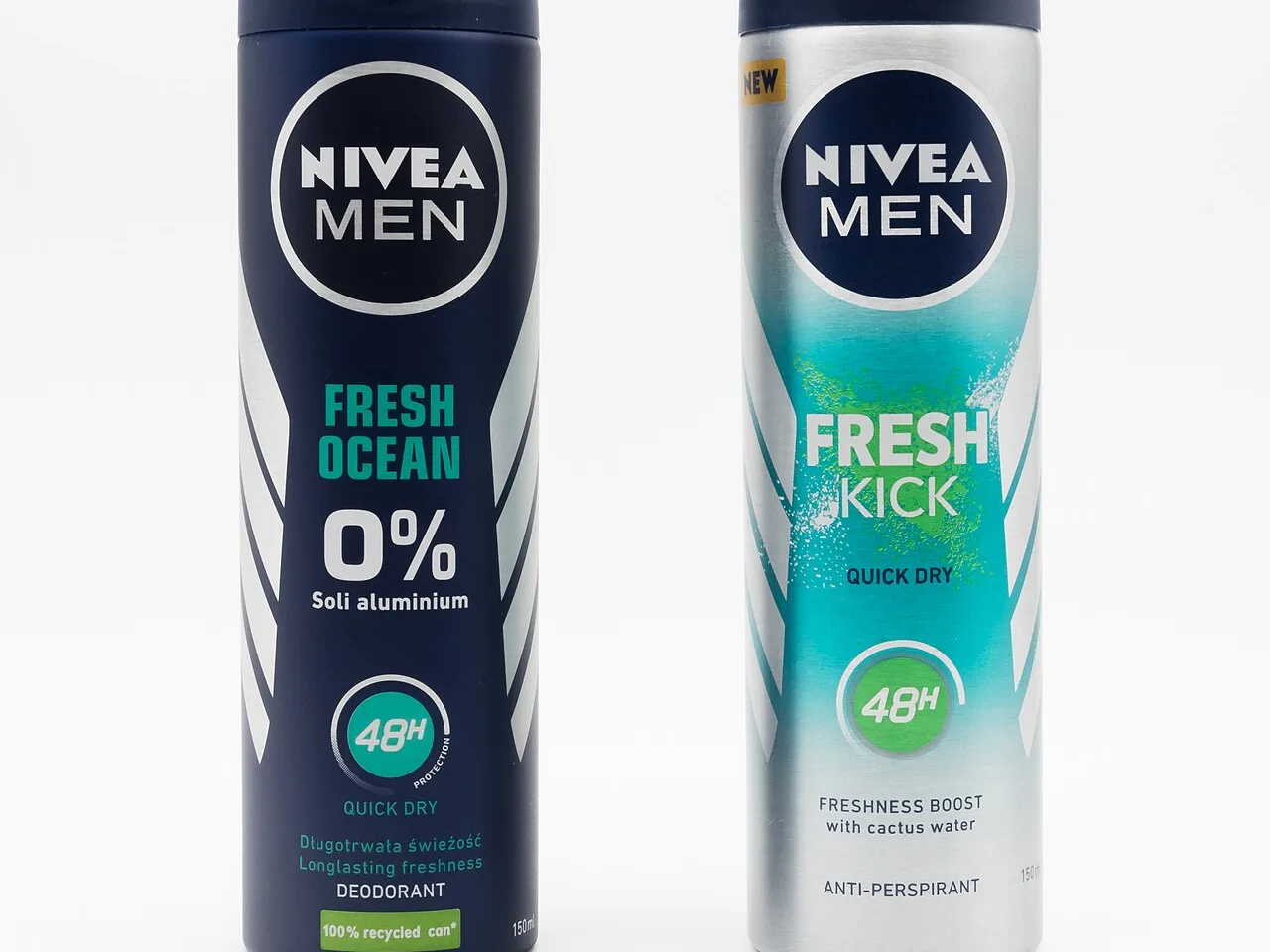 Two Nivea Men spray deodorants on a white background, one bearing "0% aluminium salts" in Polish and a "100% recycled can" badge