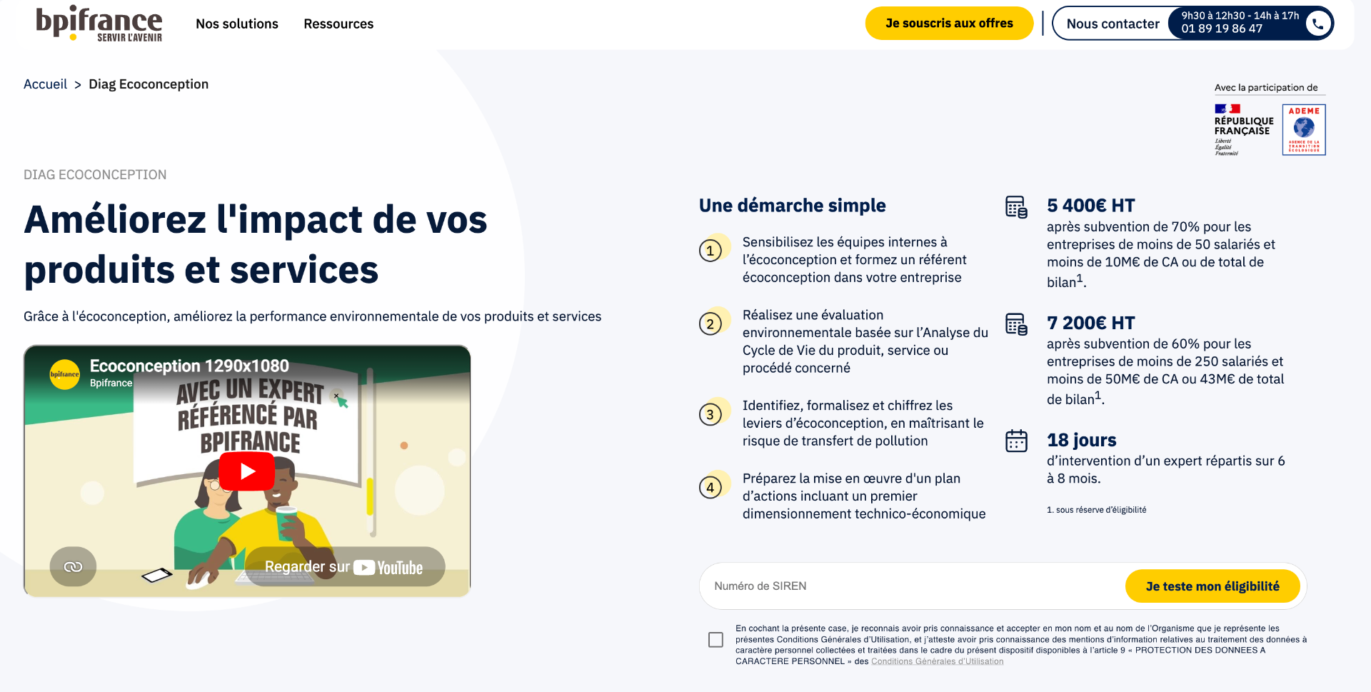Official Bpifrance Diag Éco-conception page: €5,400 excl. VAT after 70% funding, €7,200 excl. VAT after 60% funding, 18 expert-days