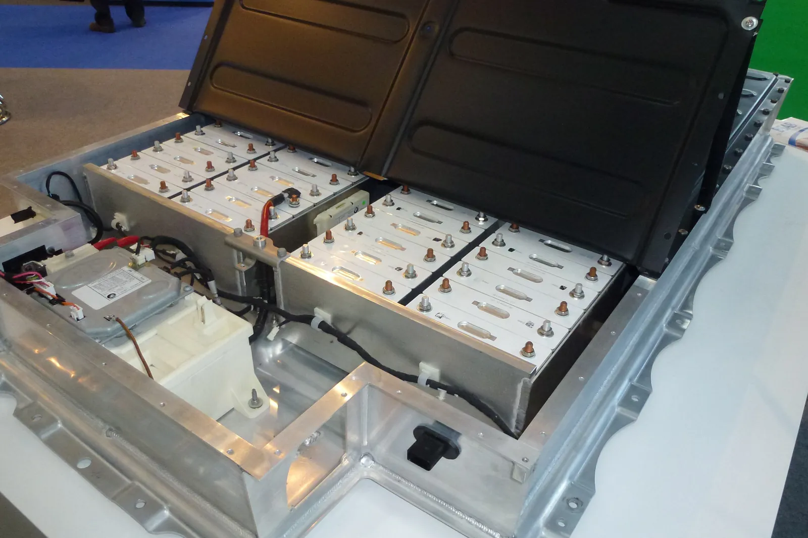 Open lithium-ion electric car battery pack, showing its cell modules
