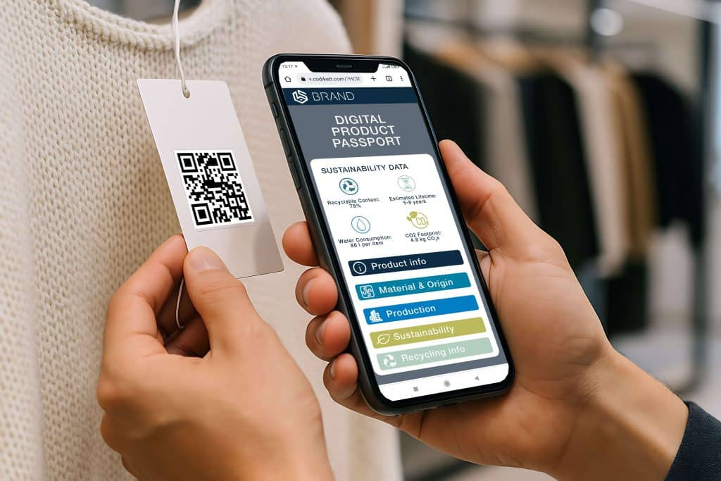 Smartphone scanning the QR code on a clothing label and displaying its digital passport record