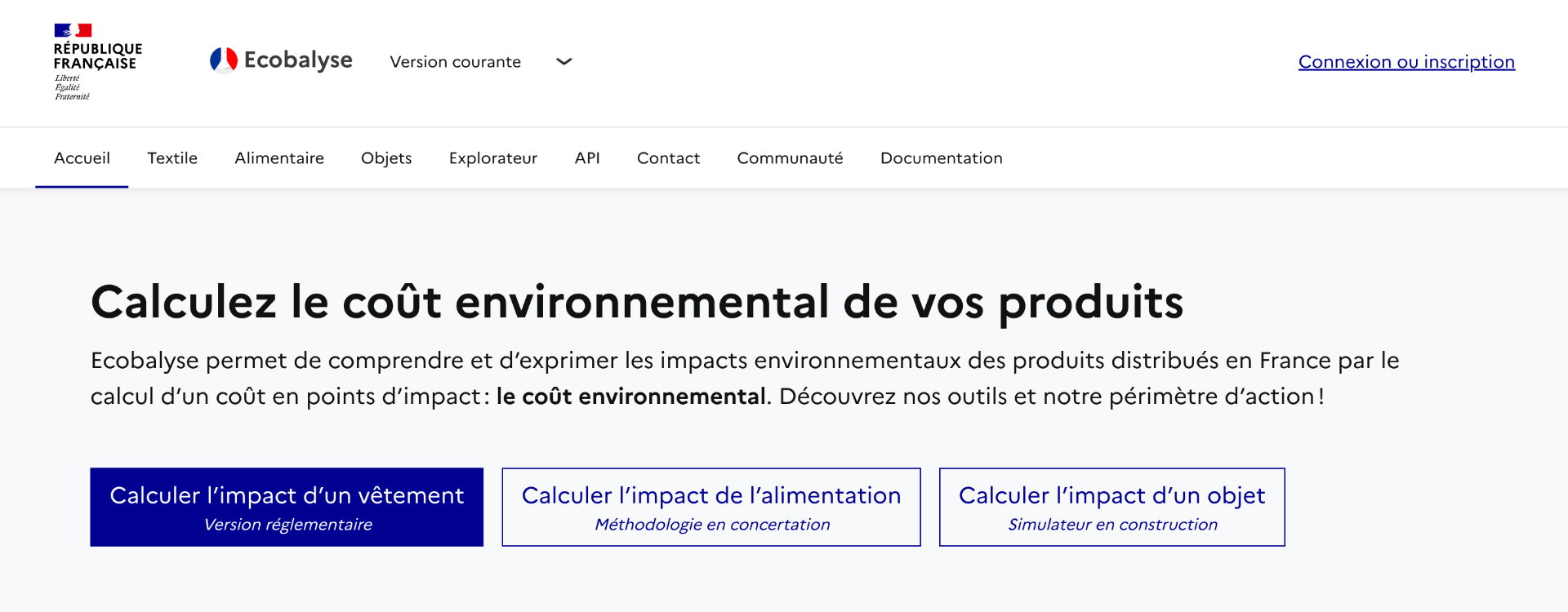Ecobalyse home page showing the "Coût environnemental" (environmental cost) label with a score of 930 impact points