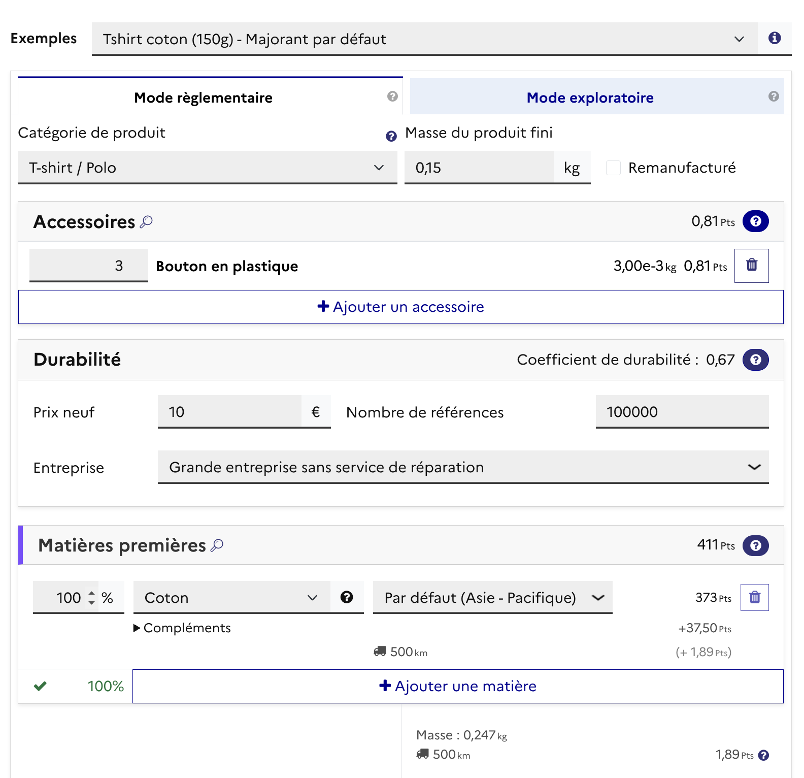 Ecobalyse simulator interface - entering a cotton T-shirt with durability parameters
