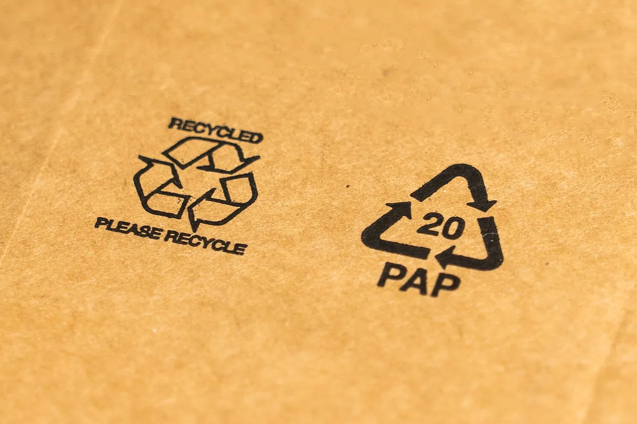 Close-up of a brown cardboard box bearing the "Recycled, please recycle" symbol and the PAP 20 code in a triangle of arrows