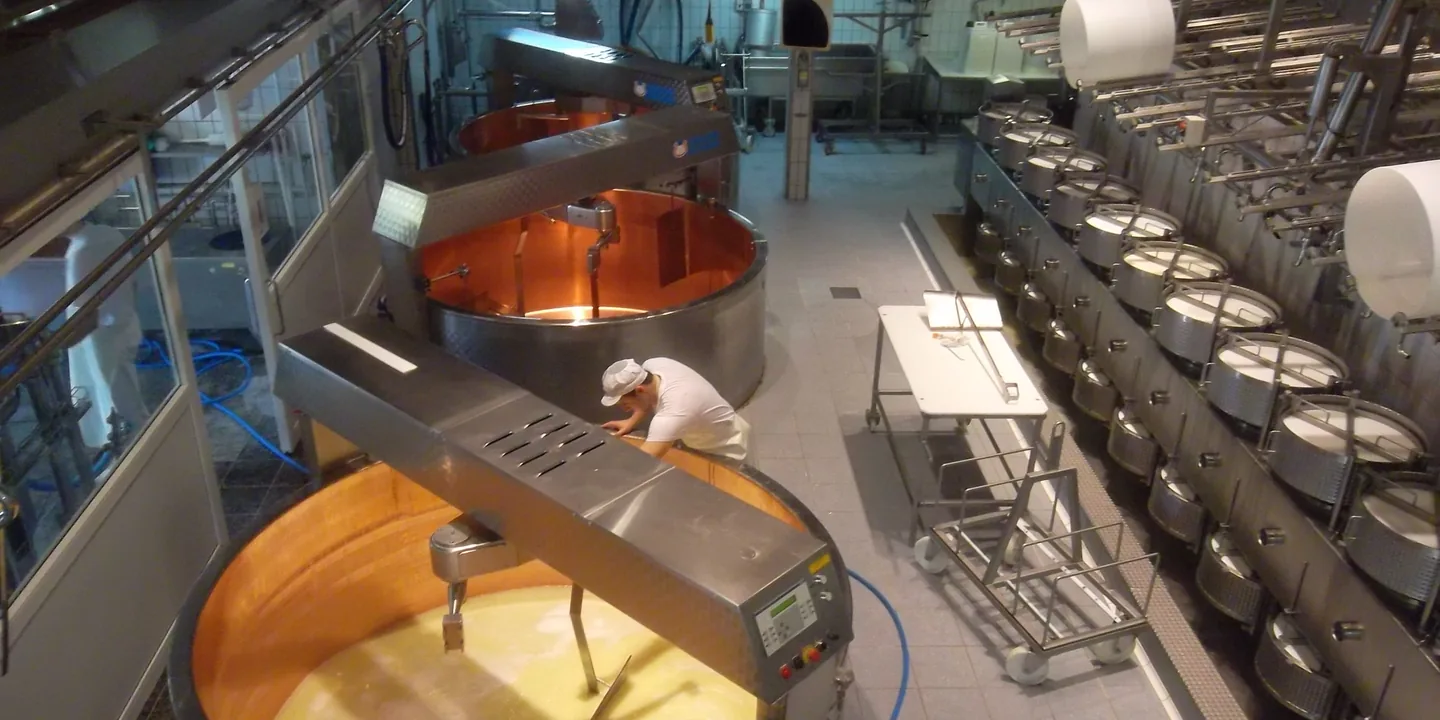 Overhead view of the production room of a Swiss cheese dairy: copper vats with agitators, a cheesemaker leaning over a vat and a row of stainless steel moulds