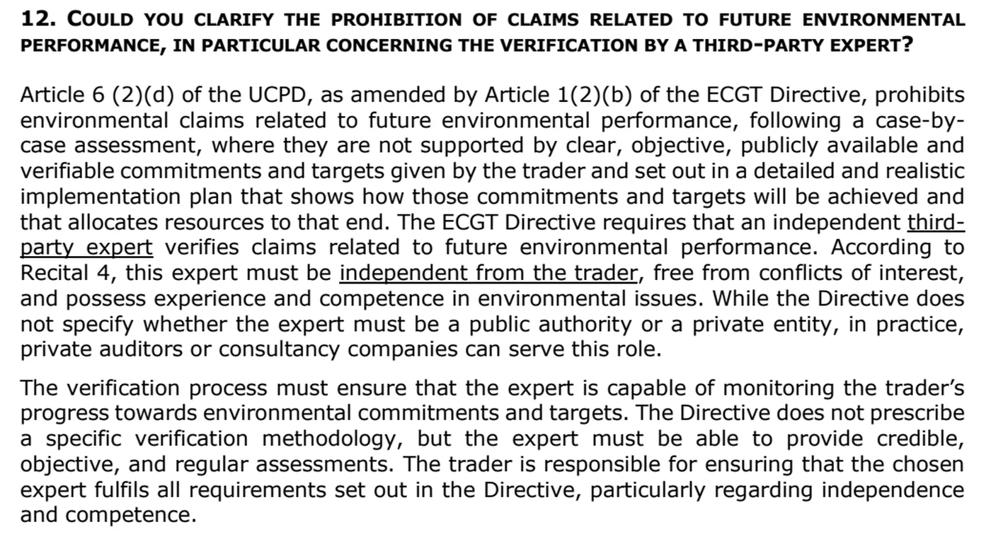 Extract from the European Commission's questions and answers on Directive 2024/825, question 12: verification of claims about future environmental performance by an independent third-party expert