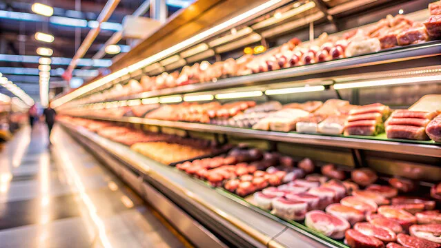 Meat aisle in a supermarket, with cold lighting and vacuum packaging