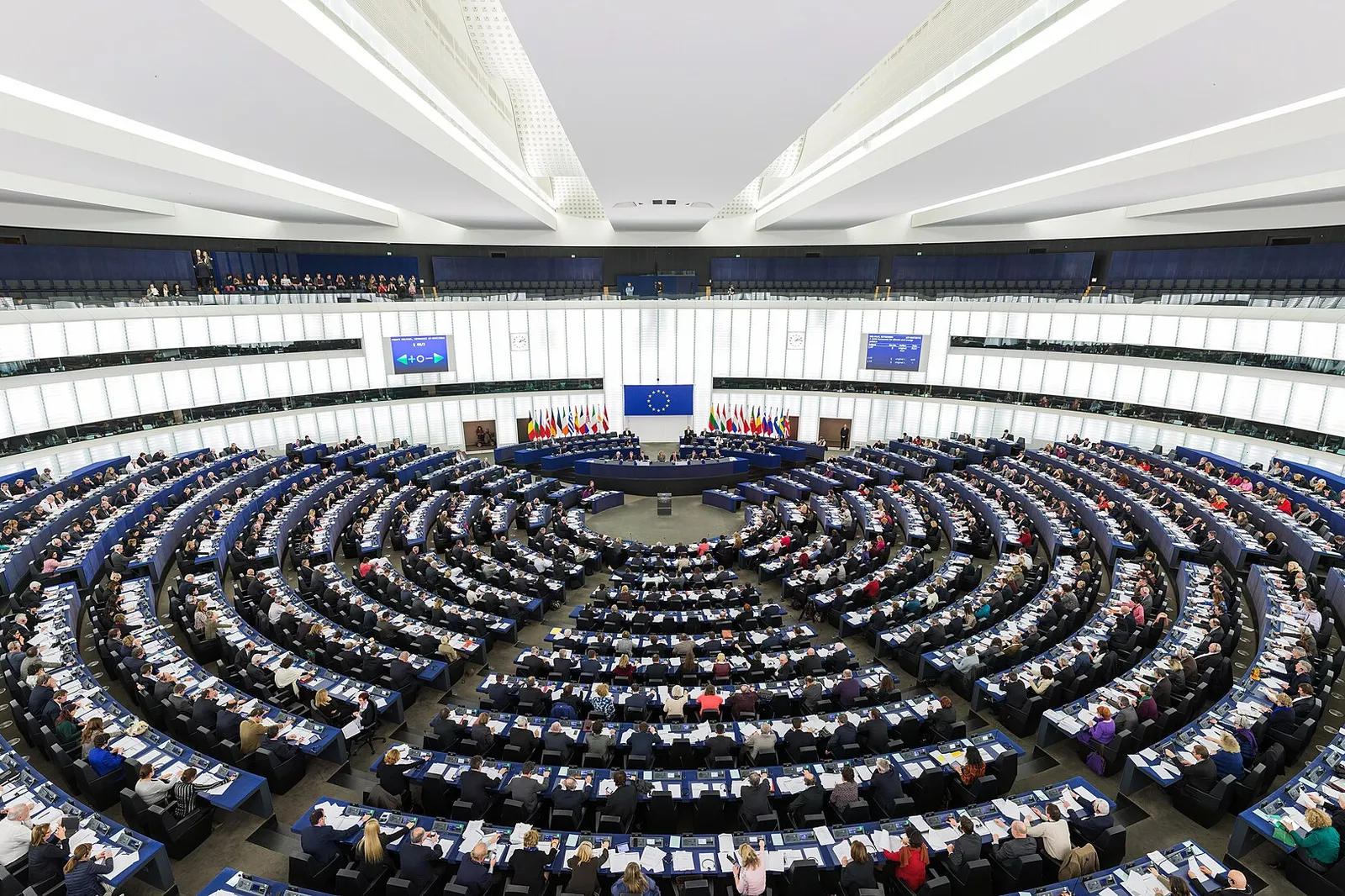 The European Parliament's hemicycle in Strasbourg during a plenary session, viewed from the galleries