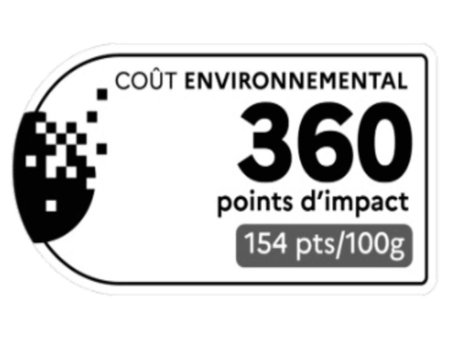 Official label headed "Coût environnemental" (environmental cost): 360 impact points, 154 pts/100 g.