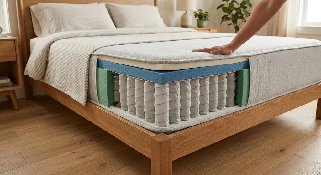 Technical cross-section of a mattress: comfort foam, pocket springs and ticking