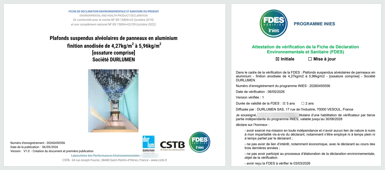 On the left, the cover page of an FDES for aluminium honeycomb suspended ceilings, with a photo of a ceiling; on the right, the INIES verification attestation for the same FDES, with its declaration on honour in 3 points