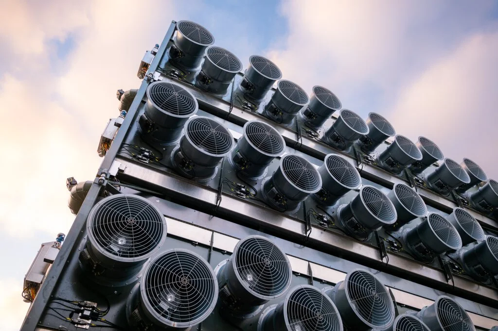 Climeworks Direct Air Capture unit · rows of fans capturing CO₂ from ambient air