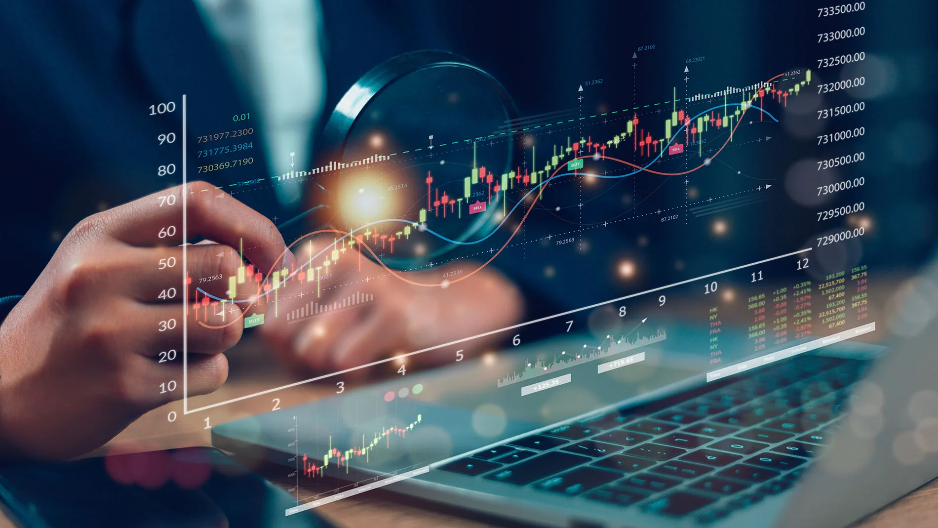 Visualisation of an investment portfolio - equity and bond market charts superimposed on a laptop