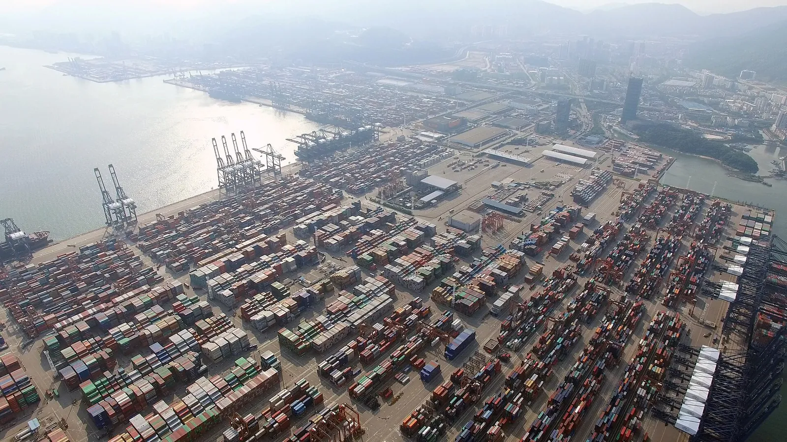 Aerial view of the Yantian container terminal in Shenzhen, with its thousands of stacked containers and loading gantry cranes