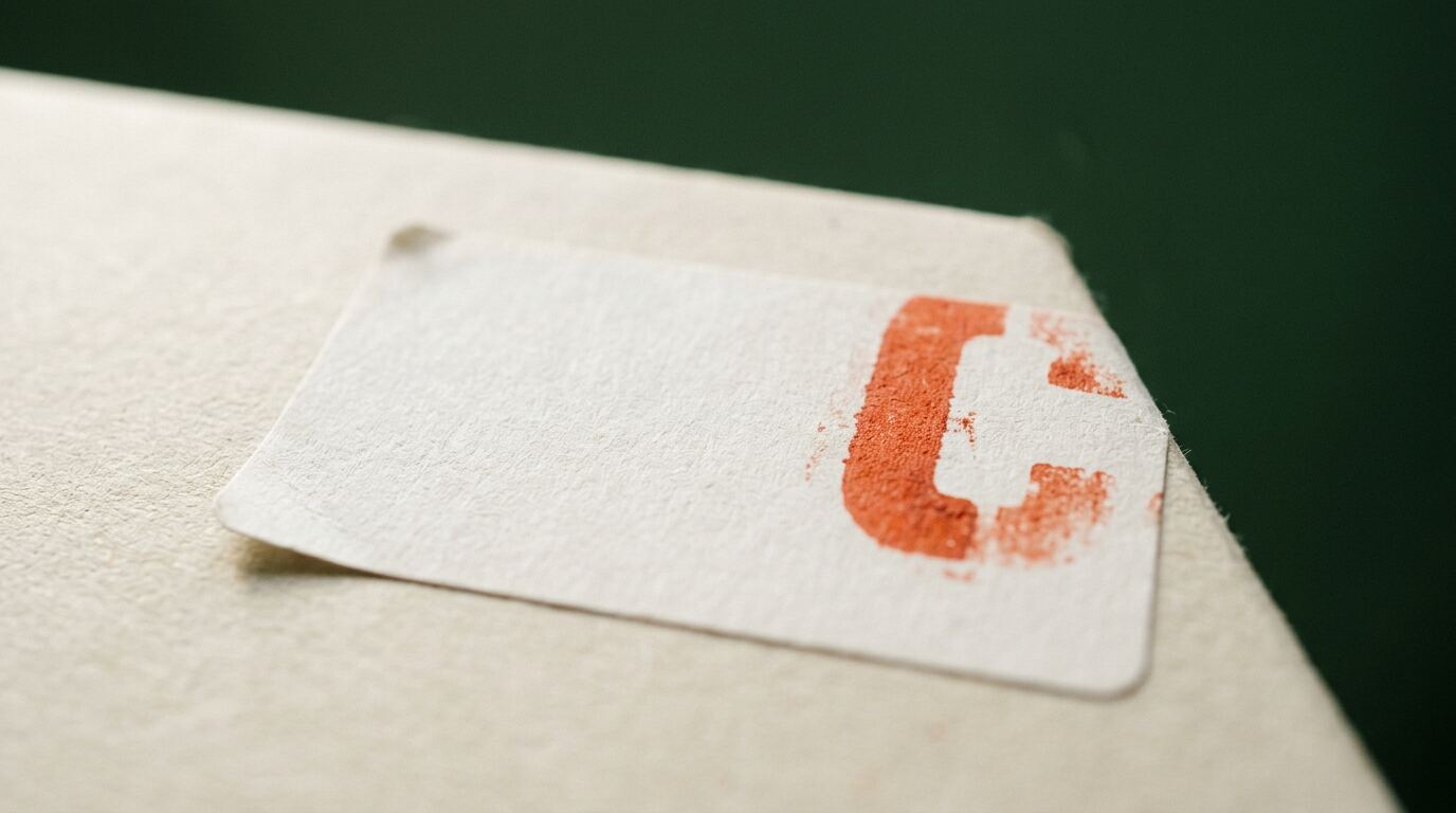 Environmental score label half-printed in punitive orange on a forest-green background, a metaphor for the default value published in your place