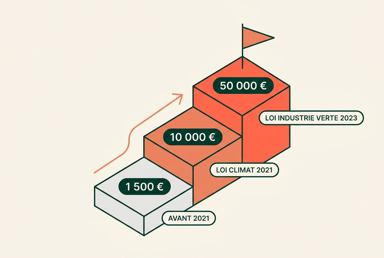 Three-step staircase showing how BEGES fines have risen: €1,500 before 2021, €10,000 since the 2021 Climate Law, €50,000 since the 2023 Green Industry Law