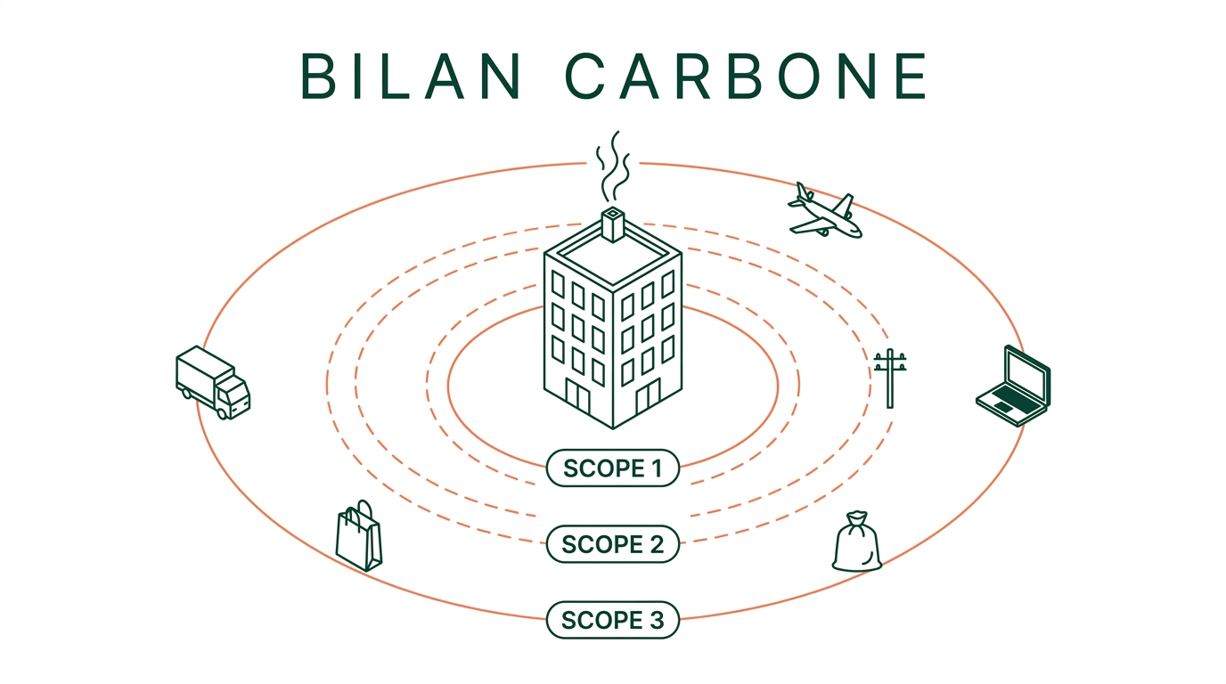 Diagram of a corporate Bilan Carbone®: three concentric rings for Scopes 1, 2 and 3 around an organisation, with Scope 3 covering most of the emissions