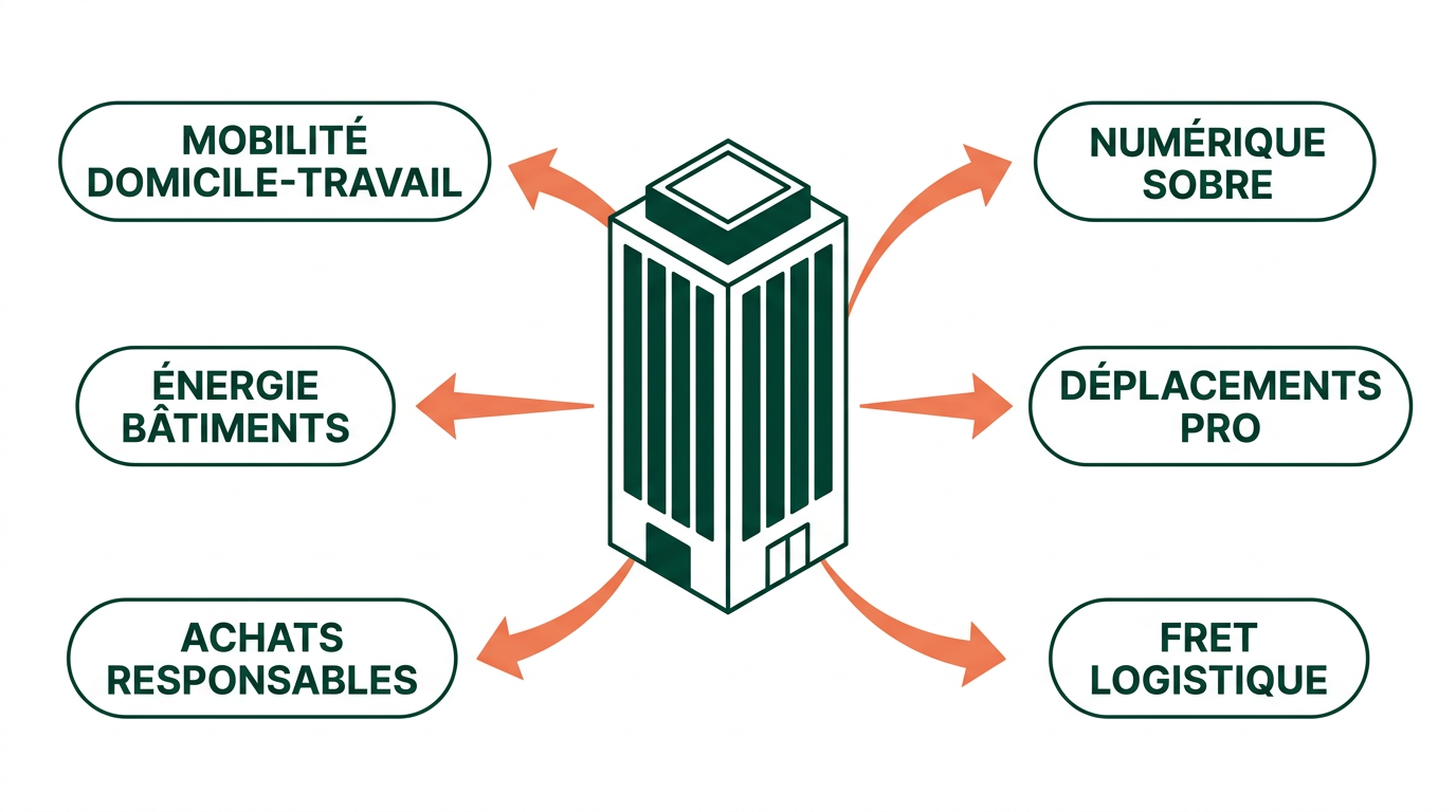 Six practical measures to reduce a company’s carbon footprint: mobility, energy, purchasing, digital activities, business travel, logistics freight