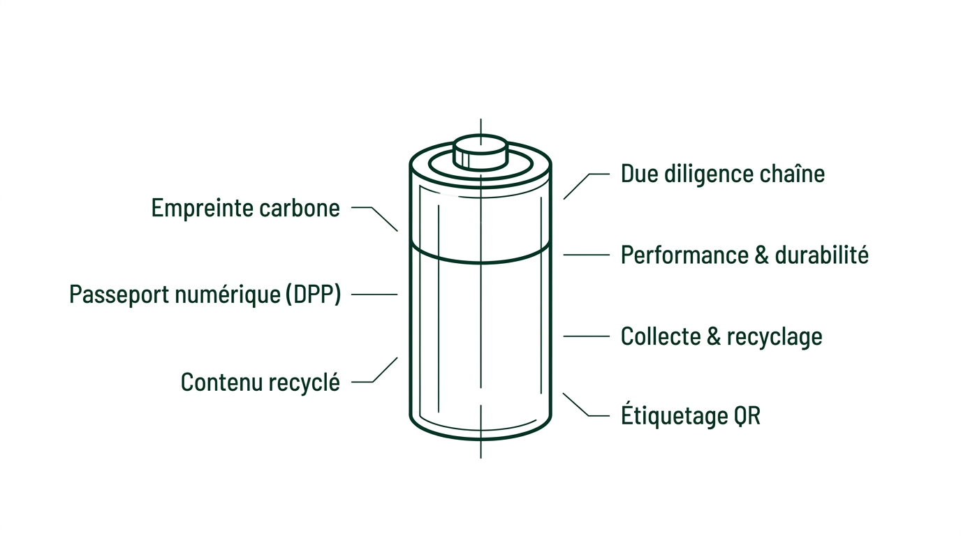 Overview of EU Battery Regulation 2023/1542: a lithium-ion pack surrounded by the seven key obligations (carbon footprint, DPP, recycled content, due diligence, performance, collection and labelling)