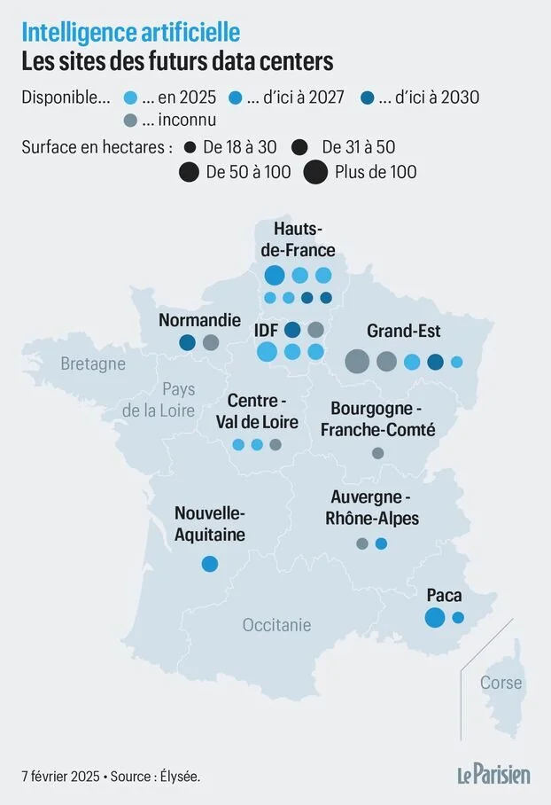 Map from Le Parisien: the sites of future French data centres, by region, size and availability timeframe (source: Élysée, the French presidency, February 2025)