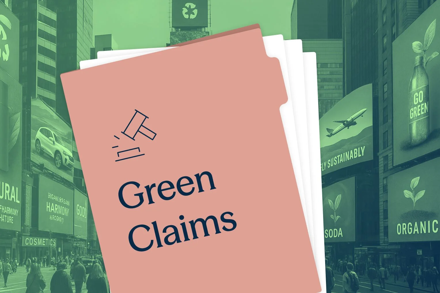 A "Green Claims" folder against a background of billboards reading "organic", "go green" and "fly sustainably"