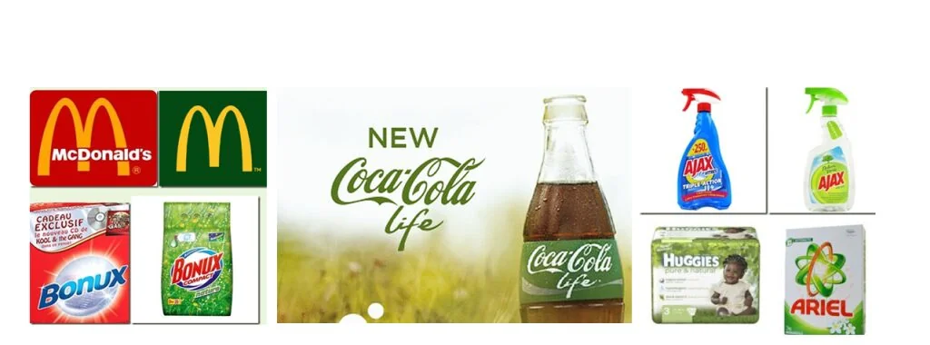Mosaic of greenwashing campaigns: green McDonald's branding, Coca-Cola Life, Ariel, Huggies, Bonux and Ajax