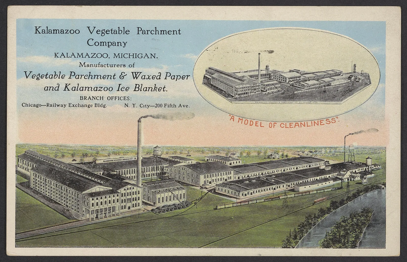 Old illustrated postcard of the Kalamazoo Vegetable Parchment Company factory, manufacturing parchment and waxed paper