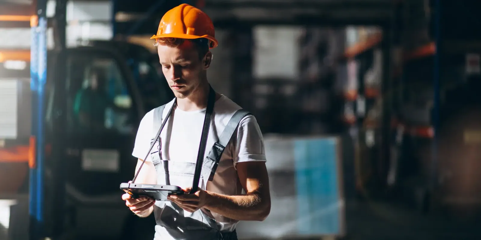 Technician wearing a hard hat consulting a rugged tablet during a survey on an industrial site
