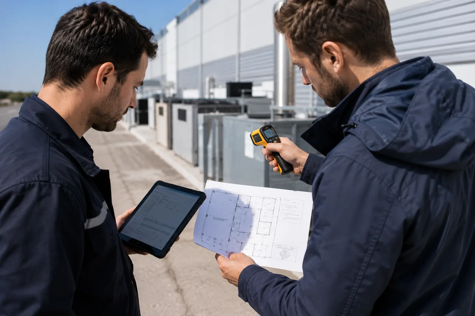 Two technicians measure temperature with an infrared thermometer outside an industrial site