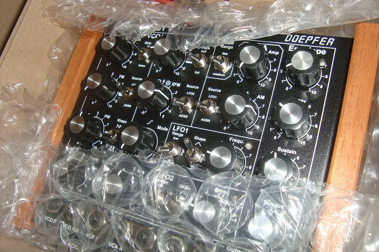 Black synthesiser module in a cardboard box, surrounded by clear plastic air cushions and wooden wedges