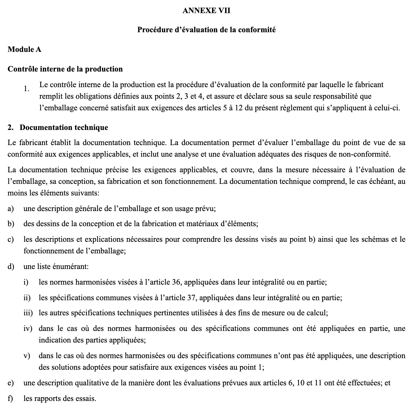Screenshot of Annex VII of Regulation (EU) 2025/40 on EUR-Lex: module A, internal production control, and the list of documents in the technical documentation, points (a) to (f)