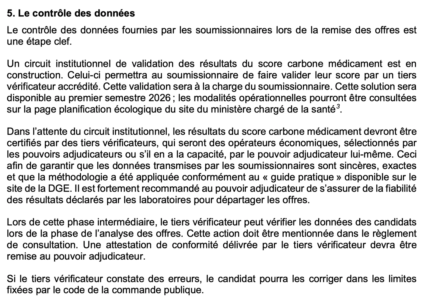 Extract from the Ministry of Health information note of 29 October 2025, paragraph 5, on the control of data: institutional route of validation by an accredited third-party verifier, and transitional arrangement