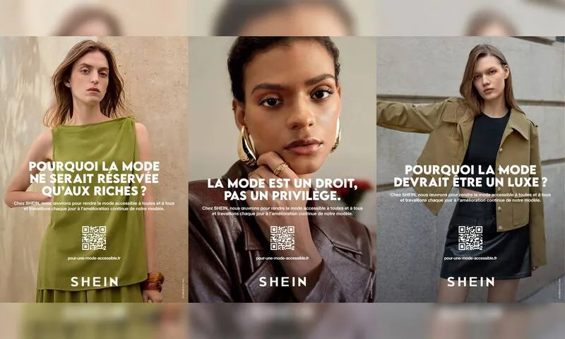 SHEIN billboard campaign stating "Fashion is a right, not a privilege", directing readers to pour-une-mode-accessible.fr