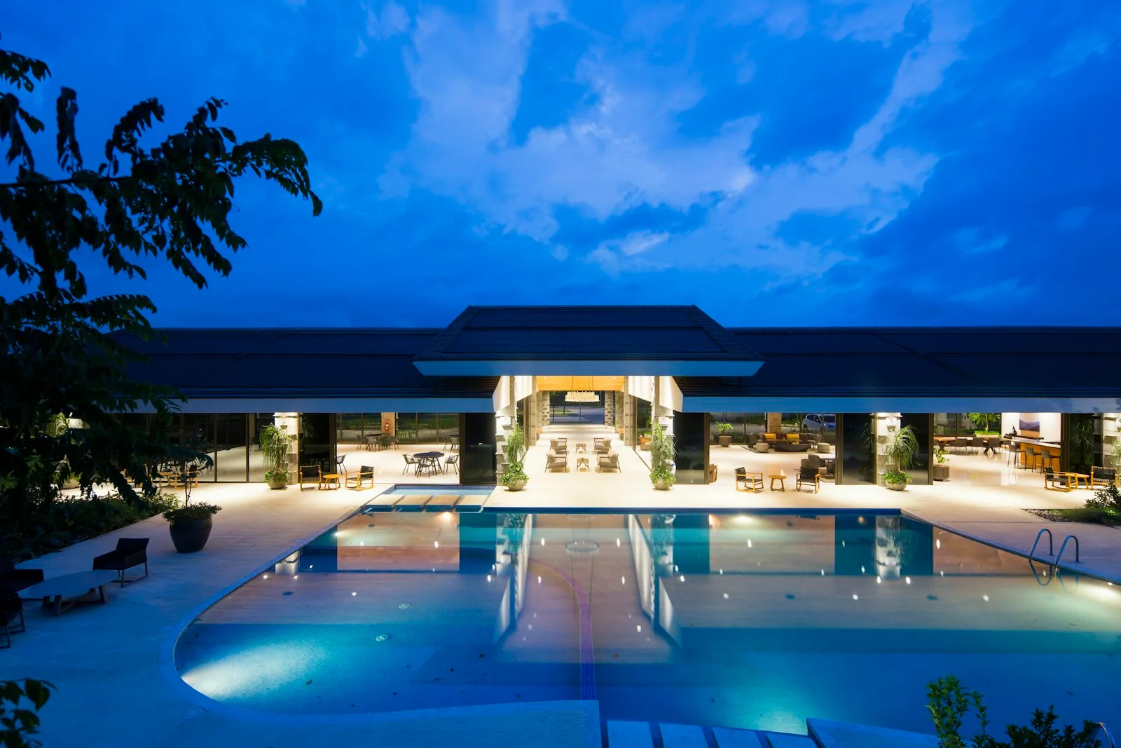 Lodge hotel surrounded by nature at sunrise