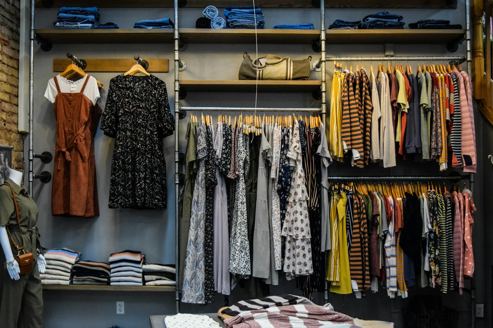 Textile shop section with visible product labels, wide view suggesting in-store scoring