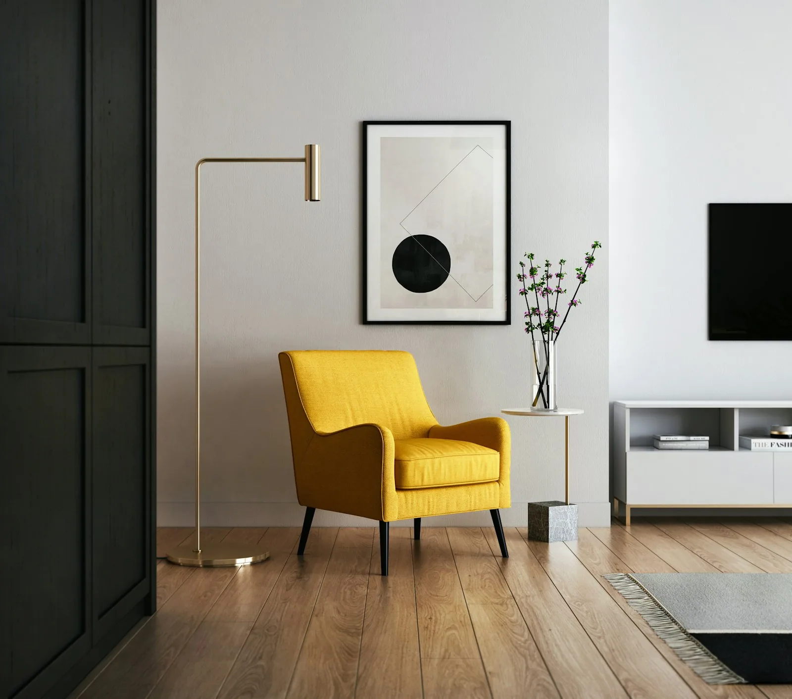 Living room interior with designer furniture - light wood table and chairs