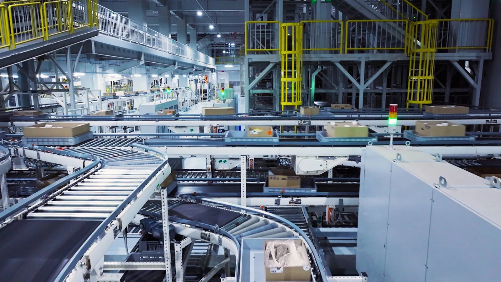 Industrial packing line with cardboard packaging on a conveyor