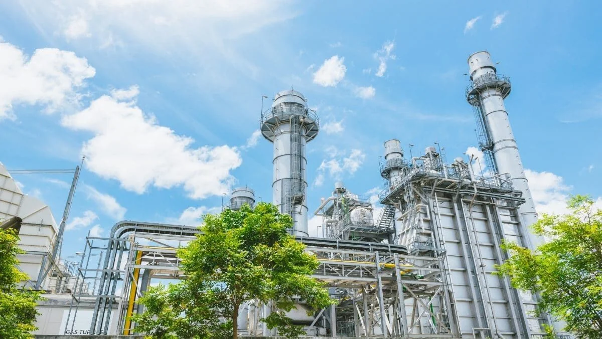 Industrial site framed by trees beneath a clear sky